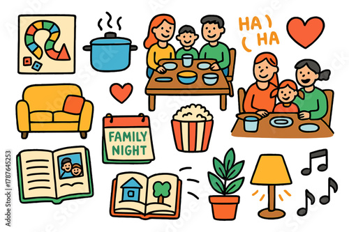 Family Bonding Doodles. Home life as part of family bonding. Colorful Hand-drawn doodle Children illustration Home life as part of family bonding board game,