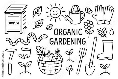 Organic Gardening Doodles. Organic gardening. Hand-drawn doodle illustration organic gardening compost bin, watering can, gloves, leaf, vegetable basket,