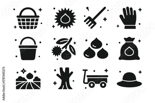 Chestnut Harvest Icons. Chestnut Harvest. Solid icons set of Chestnut Harvest: basket, chestnut burr, rake, gloves, bucket, branch, nuts pile, burlap sack,