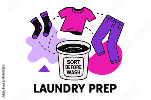 Floating Laundry Elements. Laundry Prep Routine. Socks, tees, and jeans hover in midair lines above a spinning basket labeled ?Sort Before Wash.? Dotted motion