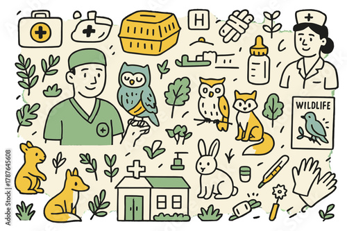 Sanctuary Doodles. Wildlife sanctuary. Hand-drawn doodle illustration veterinarian (colored), injured bird (colored), animal cage (colored), medical kit