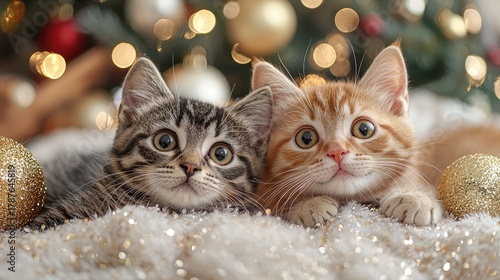 Adorable Kittens Snuggling on Sparkling Blanket with Christmas Decor