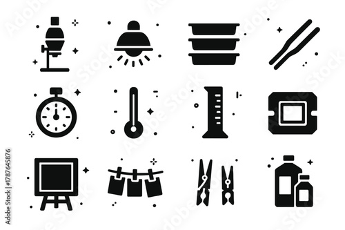 Darkroom Tools Icons. Darkroom Tools. Solid icons set of Darkroom Tools: enlarger, safe light, trays, tongs, timer, thermometer, graduated cylinder, negative
