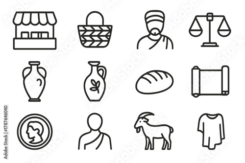Ancient Market Icons. Ancient marketplaces. Line icon set of ancient marketplaces: market stall, basket, merchant, scales, amphora, olive oil jar, bread loaf,