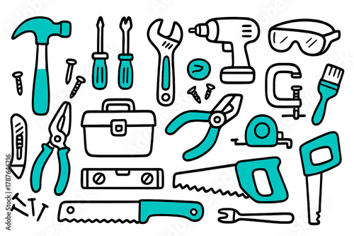 Home Maintenance Tools. Home maintenance tools. Hand-drawn doodle illustration home maintenance tools [hammer (accented), screwdriver set, wrench (accented),