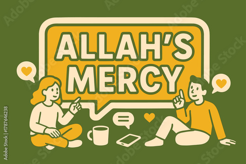 Allah's Mercy Banner. Allah?s Mercy banner, flat vector illustration, bold oversized text inside sticker outline banner, cartoon characters sitting and