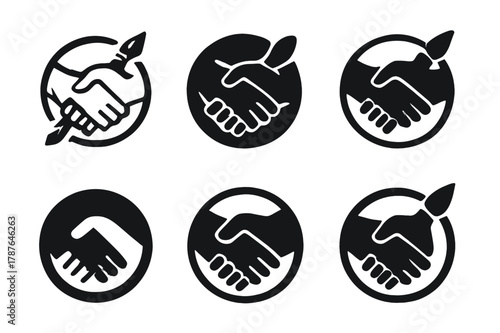 Collaborative Emblem Designs. Collaborations in art and business. Set Logo of Collaborations in art and business: Licensing agreement stamp. Icon