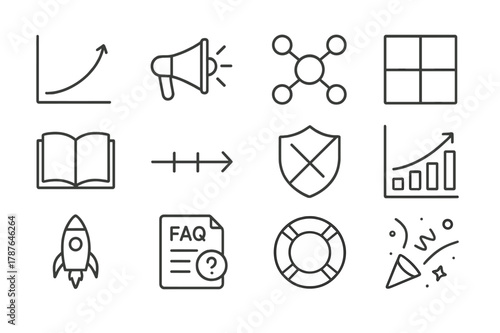 Change Management Icons. Change management. Line icon set of change management: change curve, announcement megaphone, stakeholder map, impact matrix, training
