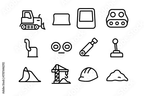Bulldozer Icon Set. Bulldozer. Line icon set of bulldozer: bulldozer side view, front blade, driver cab, track wheels, exhaust pipe, headlights, hydraulic