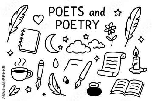 Poetic Symbols Doodle. Poets and poetry. Hand-drawn doodle illustration poets and poetry quill, notebook, heart, moon, cloud, stars, feather, scroll, ink drop,