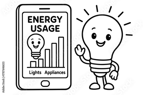 Energy-Saving Fun. Energy usage monitor children?s coloring book illustration, outlined drawing, a phone showing a friendly bar chart for lights and appliances