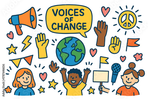 Voices of Change Icons. Voices of change. Colorful Hand-drawn doodle Children illustration Voices of change megaphone, speech bubble, raised hands, globe,