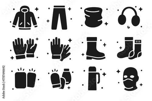 Winter Gear Icons. Winter outdoor activity warmth. Solid icons set of Winter outdoor activity warmth: ski jacket, insulated pants, neck gaiter, ear warmers,