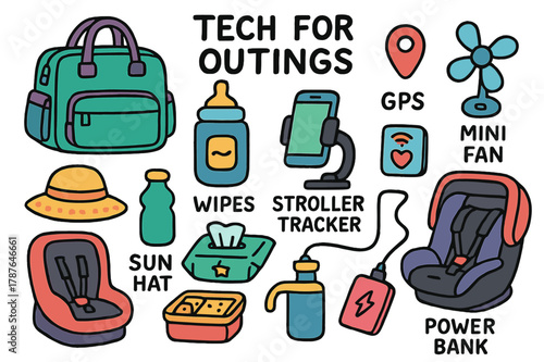 Outing Essentials Icons. Tech for outings. Colorful Hand-drawn doodle Children illustration Tech for outings diaper bag, portable bottle warmer, GPS tag, mini