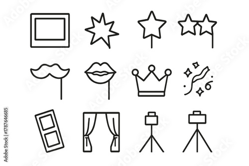 Photo Booth Icons. Photo Booth Fun. Line icon set of Photo Booth Fun: photo frame, camera flash, prop mustache, star glasses, lips prop, bow tie prop, crown