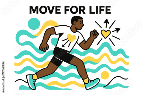 Energetic Runner Illustration. Why We Need to Exercise. A dynamic figure runs through abstract waves of energy; ?Move for Life? floats above glowing rhythm