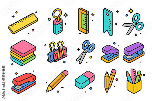 Colorful Stationery Icons. Office stationery measuring. Colorful isometric vector icons set of Office stationery measuring: desk ruler, mini ruler keychain,