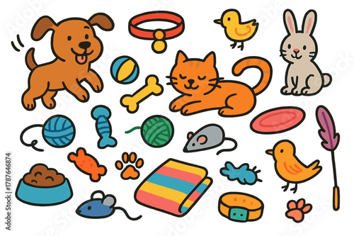 Playful Pet Doodles. playful pets. Colorful Hand-drawn doodle Children illustration playful pets dog, cat, ball, chew toy, yarn, mouse toy, frisbee, bone,
