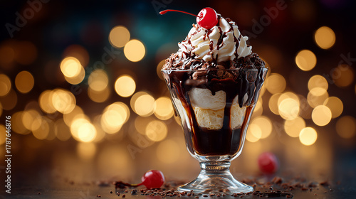 Chocolate Sundae with Whipped Cream and Cherry