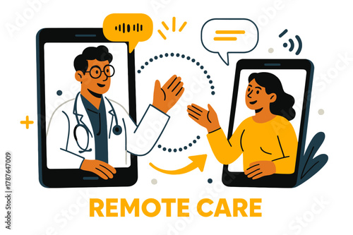 Telemedicine Connection Art. Healthcare Tech ? Telemedicine. A doctor and patient appear on two screens joined by dotted connection lines; speech bubbles pulse