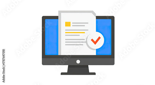 Computer monitor displaying a document with a checkmark on transparent background
