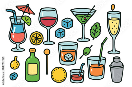 Colorful Beverage Icons. luxury beverages. Colorful Hand-drawn doodle Children illustration luxury beverages cocktail glass, wine glass, martini, whiskey