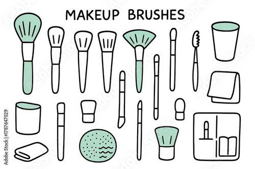 Makeup Tools Doodle Illustration. Makeup brushes collection. Hand-drawn doodle illustration makeup brushes collection powder brush (accented), foundation