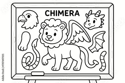 Chimera Coloring Fun. Create your own chimera children?s coloring book illustration, outlined drawing, mix-and-match animal parts like wings, tails, and paws