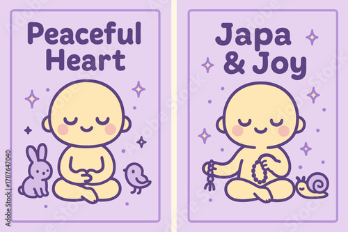 Kawaii Nature Meditation. Meditation in Nature. Two vertical A6 banners with safe margins, centered composition, no elements touching edges, kawaii, lavender