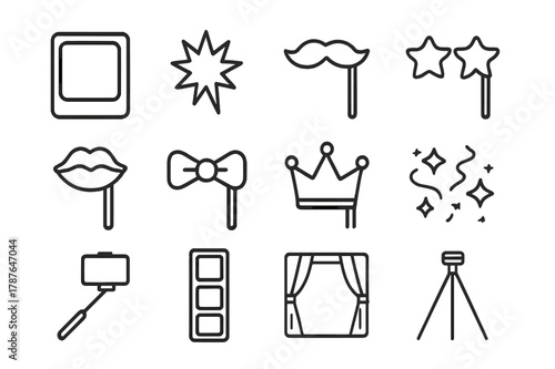 Photo Booth Icons. Photo Booth Fun. Line icon set of Photo Booth Fun: photo frame, camera flash, prop mustache, star glasses, lips prop, bow tie prop, crown