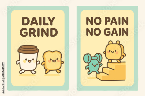 Kawaii Daily Grind. Daily grind. Two vertical A6 banners with safe margins, centered composition, no elements touching edges, kawaii, pastel mint and yellow,