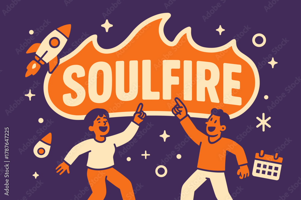 Fototapeta premium Soulfire Celebration Banner. Soulfire banner, flat vector illustration, bold oversized text inside sticker outline, cartoon characters dancing and pointing