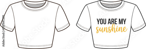 Crop t-shirt vector set, plain and printed design, sunflower text graphic, fashion flat sketch, casual summer apparel illustration