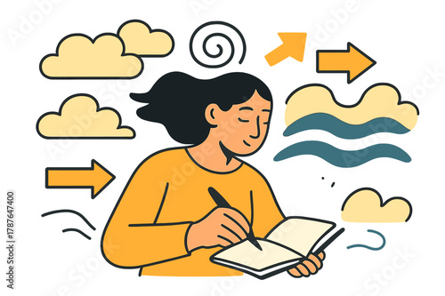 Mindful Journaling Scene. Navigating stress. Individual practicing mindful journaling with abstract floating clouds, waves, and arrows; conveys reflection,