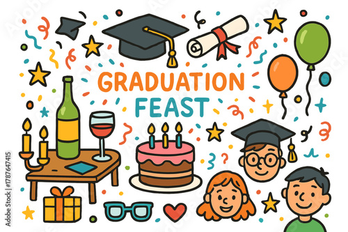 Graduation Celebration Doodle. Graduation feast. Colorful Hand-drawn doodle Children illustration Graduation feast cap, diploma, cake, confetti, glasses,