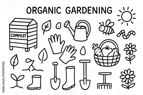Organic Gardening Icons. Organic gardening. Hand-drawn doodle illustration organic gardening compost bin, watering can, gloves, leaf, vegetable basket, shovel,
