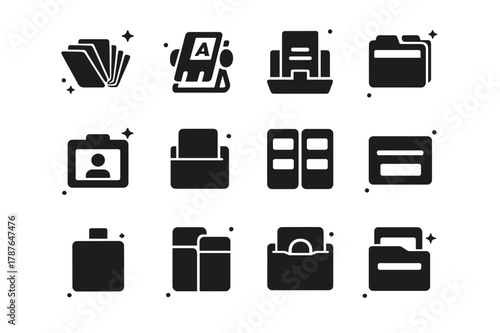 Card Management Icons. Card management and organization. Solid icons set of card management and organization: accordion cardholder, rotating card stack, pop-up