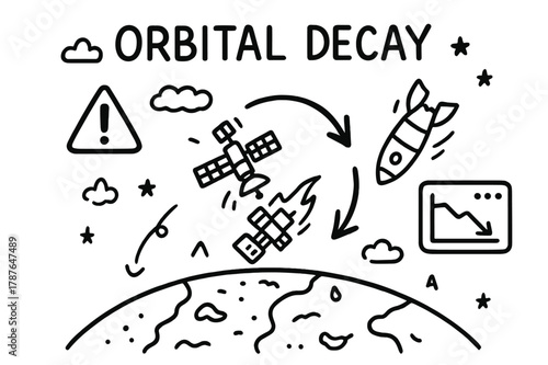 Orbital Decay Doodle. Orbital decay. Hand-drawn doodle illustration orbital decay Earth, debris trajectory, falling satellite, heat trail, broken rocket,