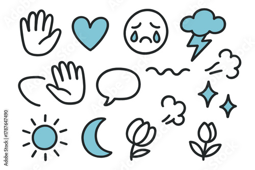 Expressive Doodle Icons. // Emotional expression. Hand-drawn doodle illustration Emotional expression [hands (accented), heart (accented), face with tears