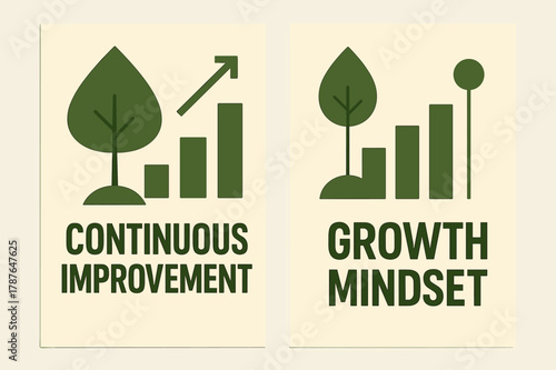 Continuous Growth Banners. Continuous improvement. Two vertical A6 banners with safe margins, centered composition, no elements touching edges, geometric,