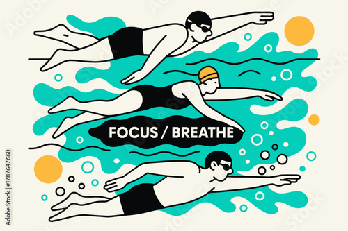 Dynamic Swimming Practice. People engaging in sports and recreational activities ? Swimming practice. Swimmers slice clean lines across the pool; wave textures