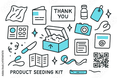 Product Seeding Kit. // Product seeding kit. Hand-drawn doodle illustration product seeding kit [mailer box (accented), tissue paper, thank-you card