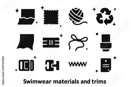 Swimwear Materials Icons. Swimwear materials and trims. Solid icons set of Swimwear materials and trims: nylon fabric, polyester fabric, spandex yarn, recycled