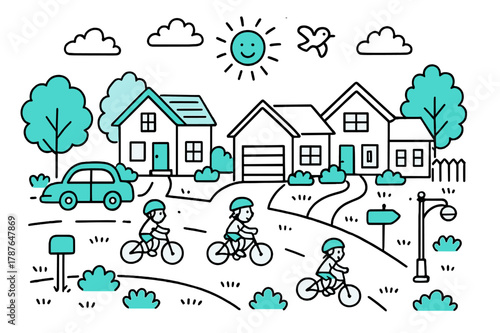 Suburban Doodle Delight. // Suburban neighborhood. Hand-drawn doodle illustration Suburban neighborhood [houses row (accented), trees (accented), car, mailbox,