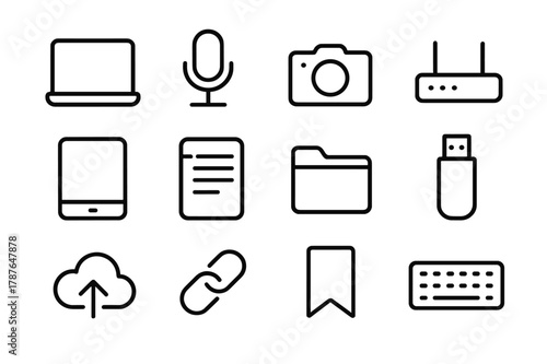 Distance Education Icons. Distance education tools. Line icon set of distance education tools: laptop, microphone, camera, wifi router, digital tablet, notes