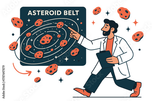 Astronomer Explores Asteroid Belt. Asteroid belt studies. Astronomer pointing at asteroid belt map with abstract floating asteroids, orbit paths, and sparkles;