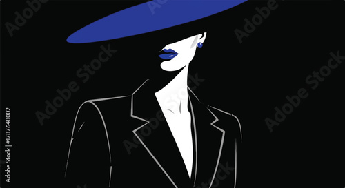 Elegant woman in a blue hat and blazer with striking contrast and bold style on transparent background