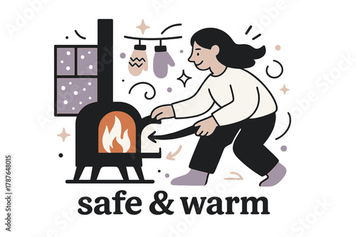 Cozy Winter Retreat. Keeper of the Hearth ? Winter Shelter. Snow taps the window while the stove glows; mittens dry on a simple line. Caption ?safe & warm?.