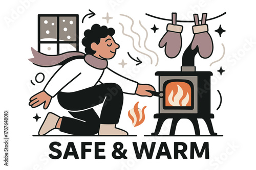 Winter Shelter Bliss. Keeper of the Hearth ? Winter Shelter. Snow taps the window while the stove glows; mittens dry on a simple line. Caption ?safe & warm?.