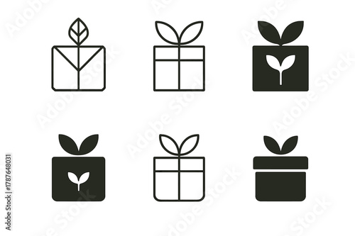 Eco Jewelry Logos. Eco jewelry packaging. Set Logo of Eco jewelry packaging: jewelry box with leaf emblem. harmonious logo variations of the same emblematic